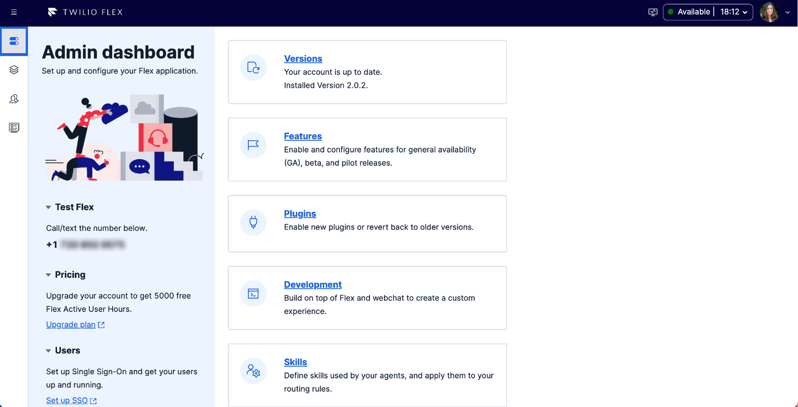 Twilio Flex admin dashboard with options for versions, features, plugins, development, and skills.