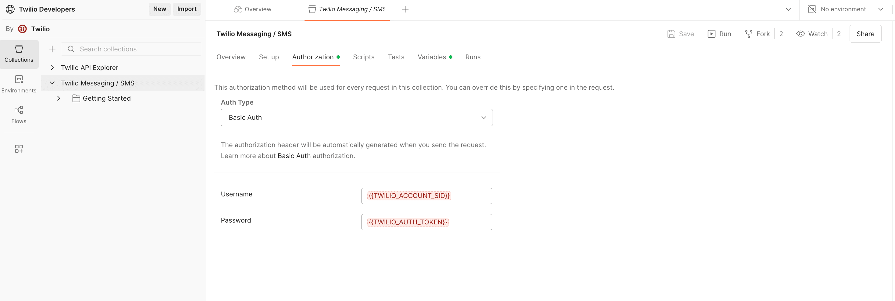 Postman interface showing Twilio Messaging SMS Basic Auth setup with placeholders for account SID and auth token.