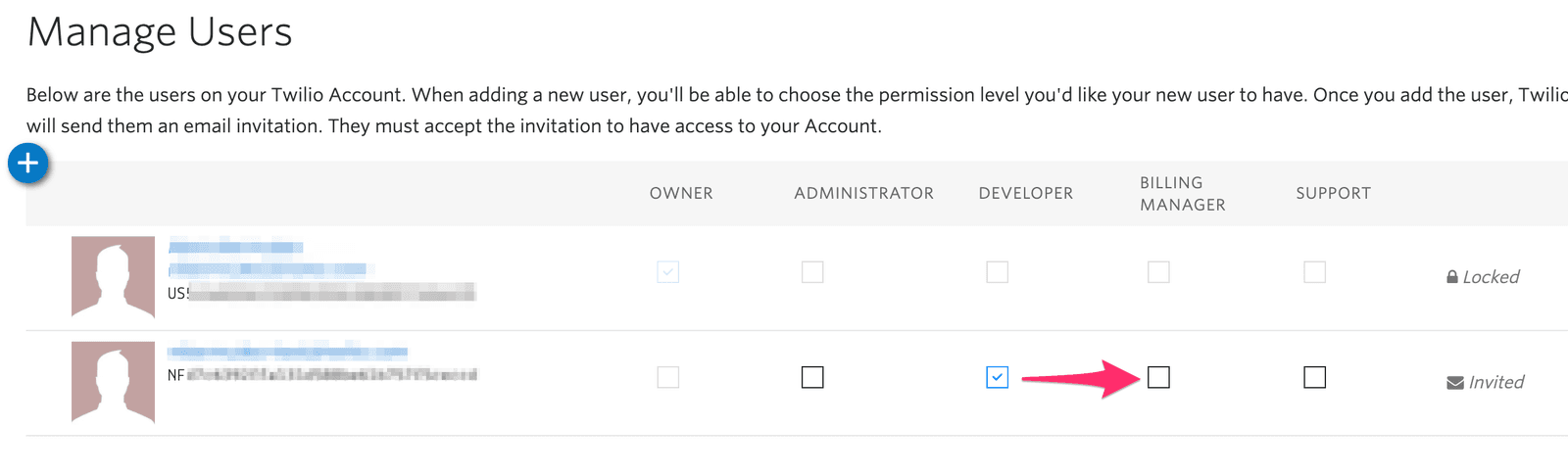 User management interface showing role selection with an arrow pointing to the developer role checkbox.
