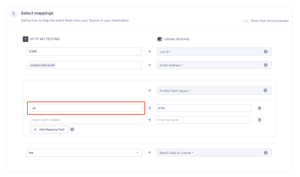 Mapping fields from HTTP API to Listrak with profile field values highlighted.