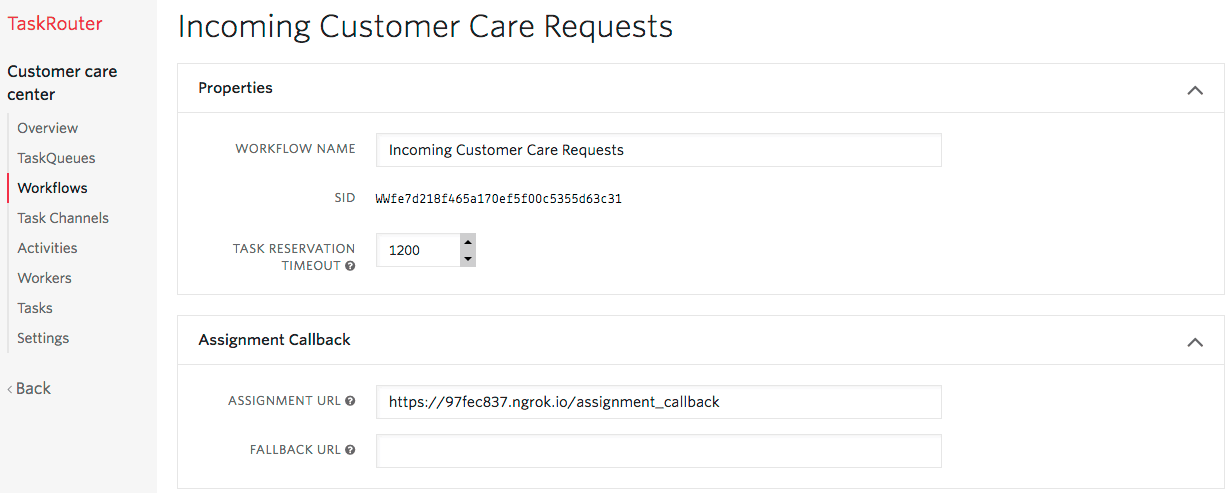 Workflow settings for Incoming Customer Care Requests with assignment callback URL.