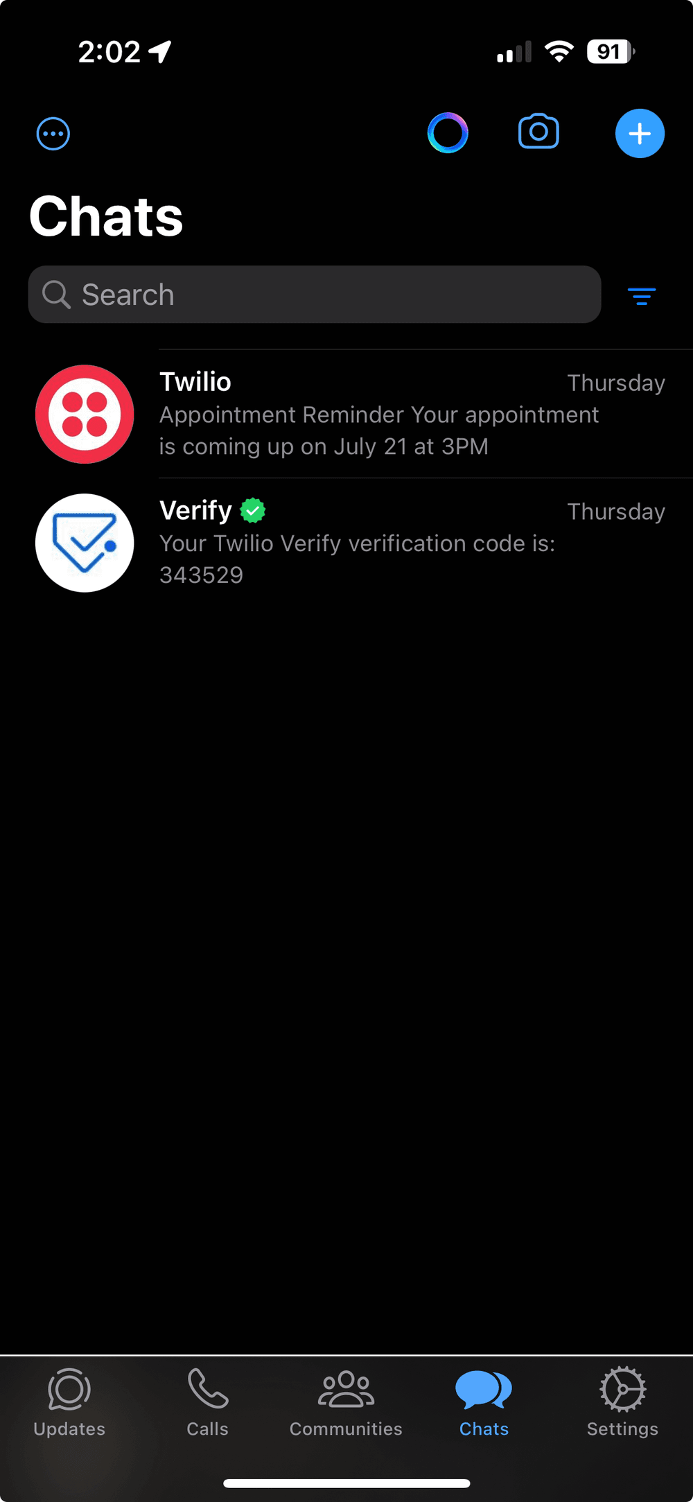 Chats screen with Twilio appointment reminder for July 21 at 3 PM and Verify code 343529.