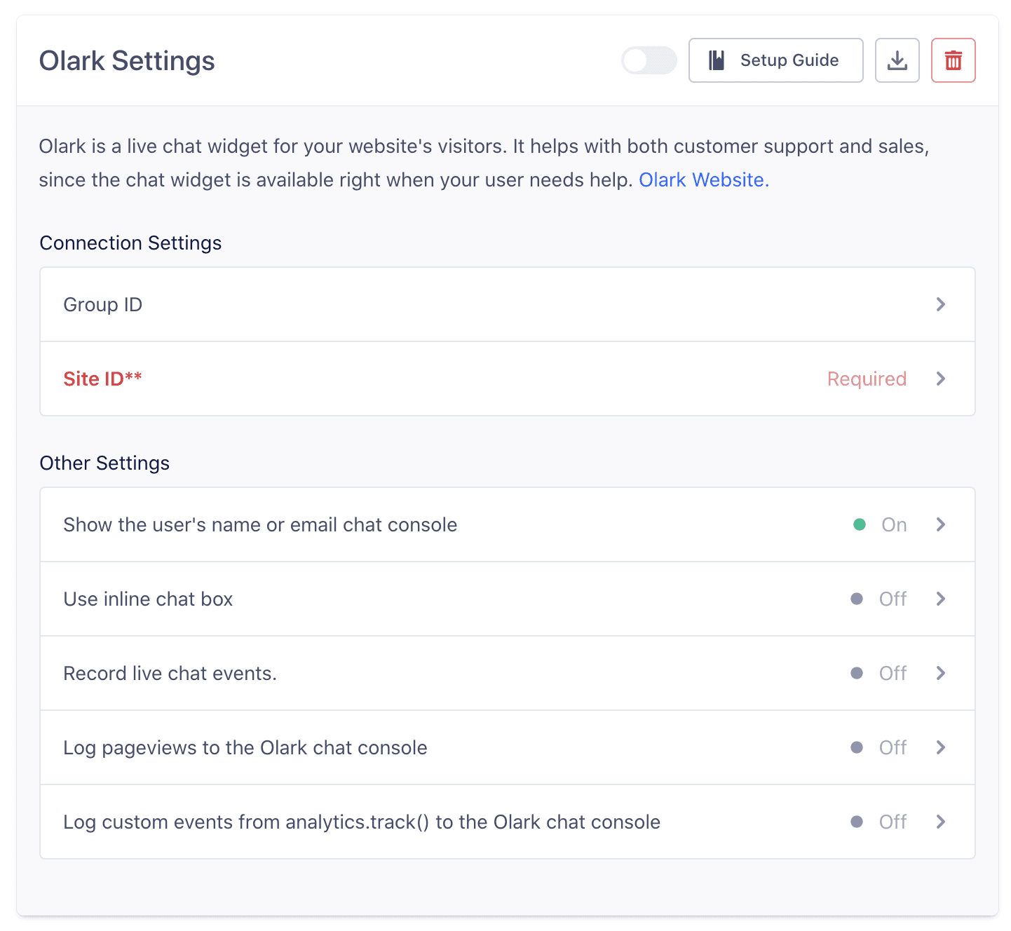 Olark UI with option to Record live chat events highlighted.