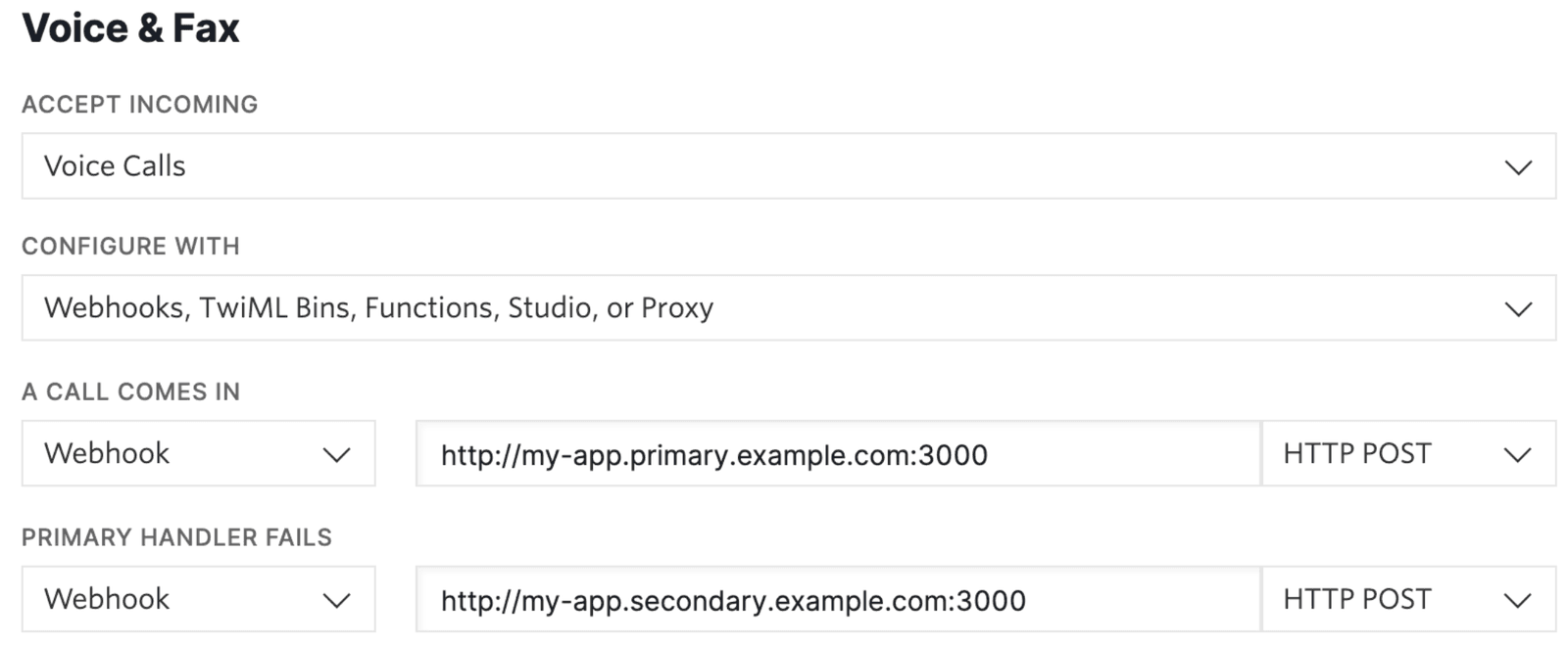 Voice and fax settings with primary and fallback webhook URLs for incoming calls.