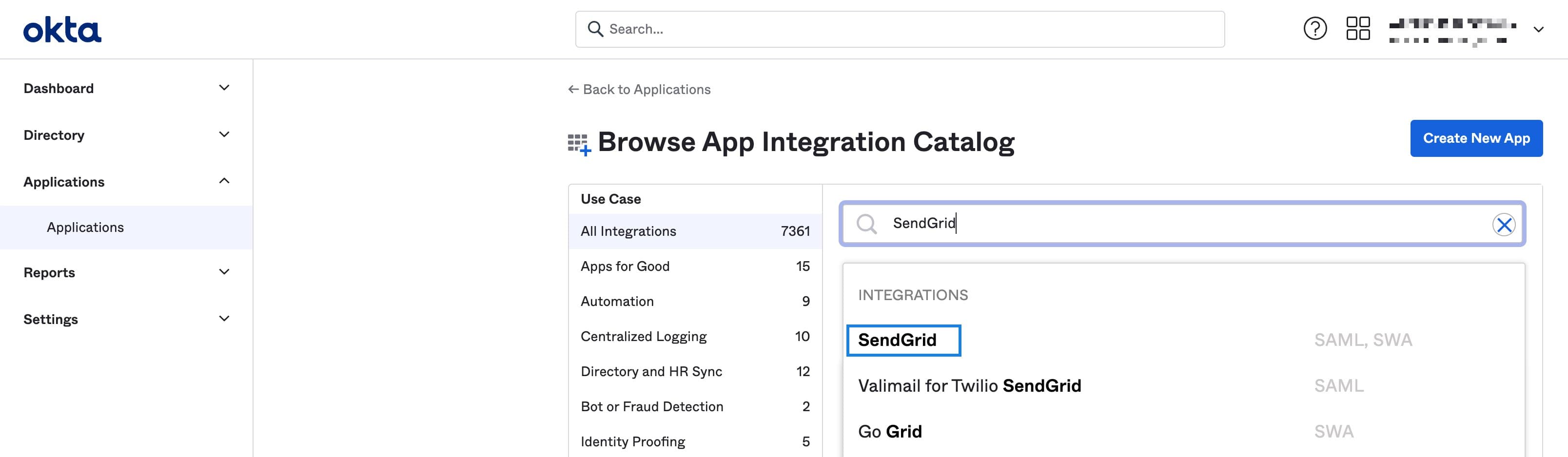 Search for the Twilio SendGrid Okta integration.