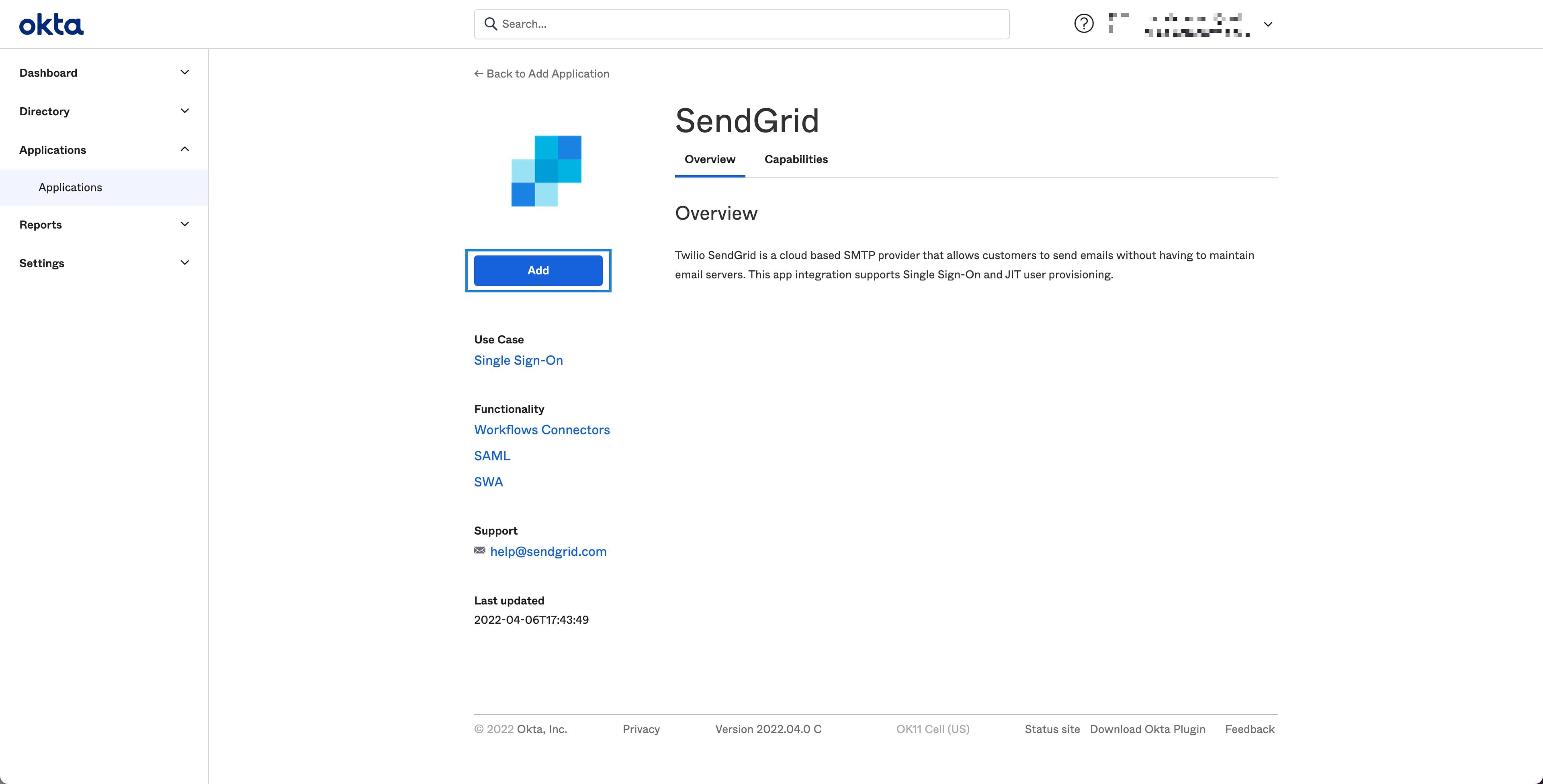 The official Twilio SendGrid Okta integration landing page.