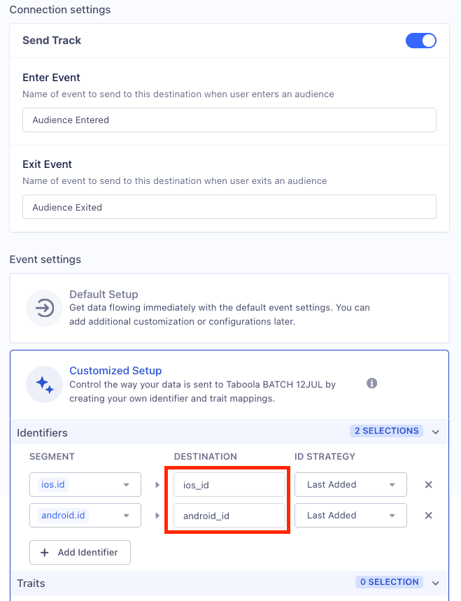 Customized Setup for LiveRamp Audiences with options to add identifiers and map traits.