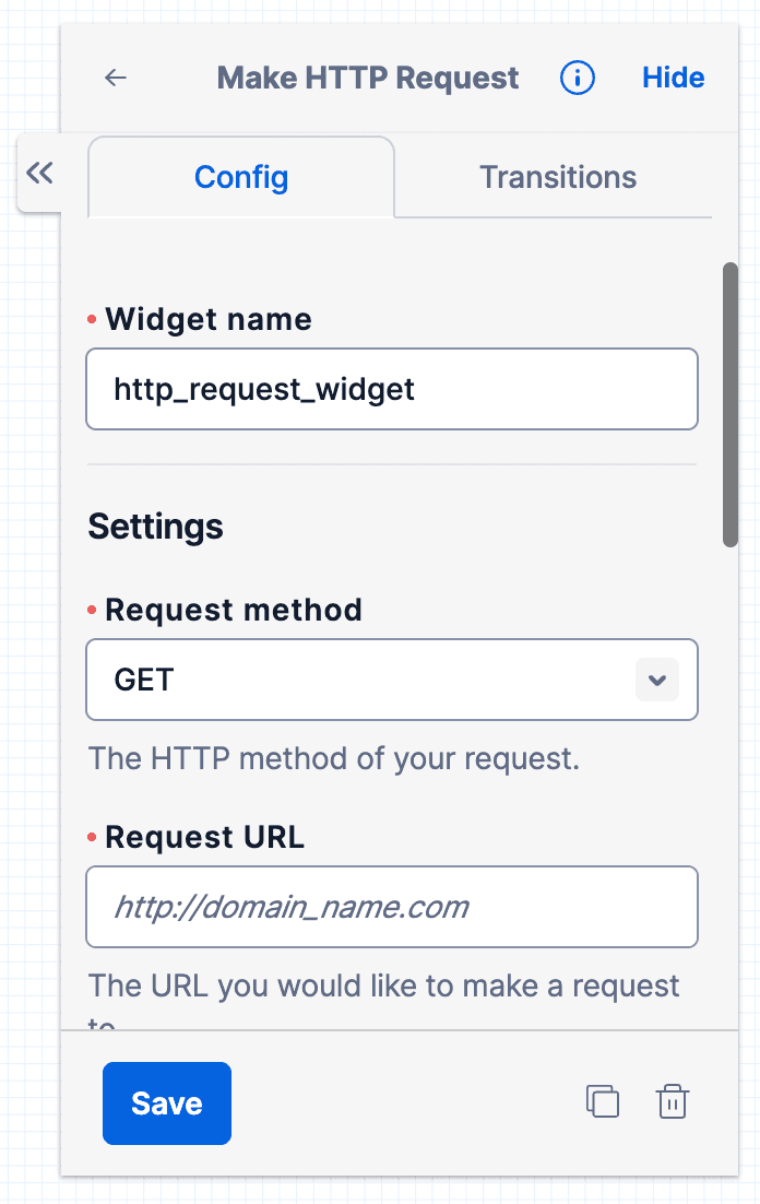 Required configuration for Make HTTP request widget. We see the named widget ('http_request_widget'), then a dropdown under Request Method with the default 'Get' selected. Under that, the form has a field for Request URL.