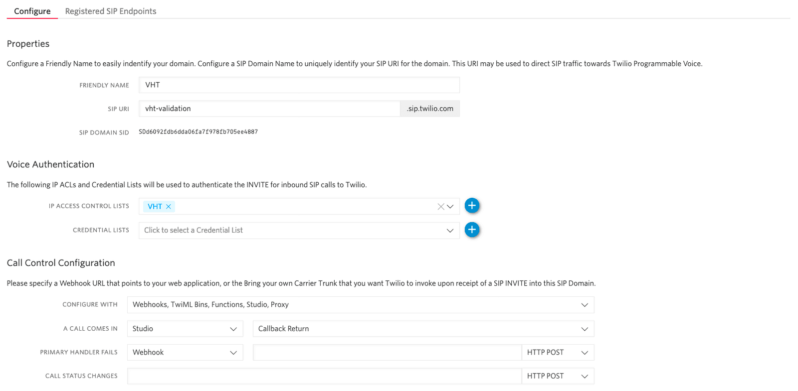 SIP Domain configuration with fields for Friendly Name, SIP URI, and Voice Authentication settings.