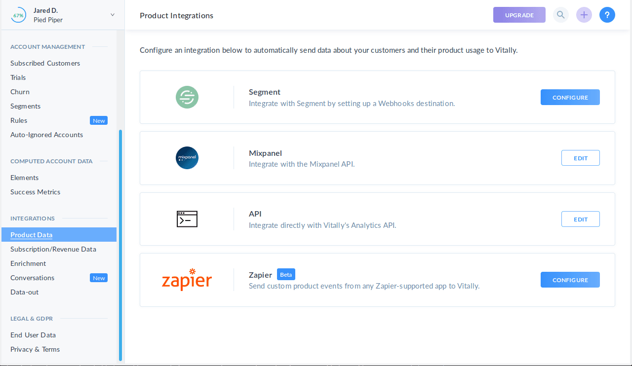 Vitally Product Integrations page with options for Segment, Mixpanel, API, and Zapier.