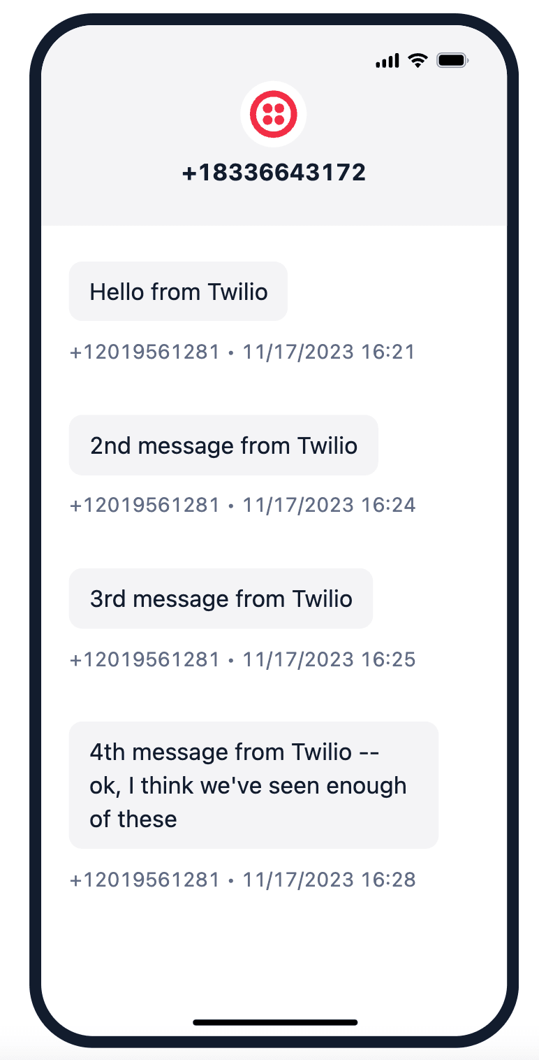 Virtual Phone screen displaying four messages.