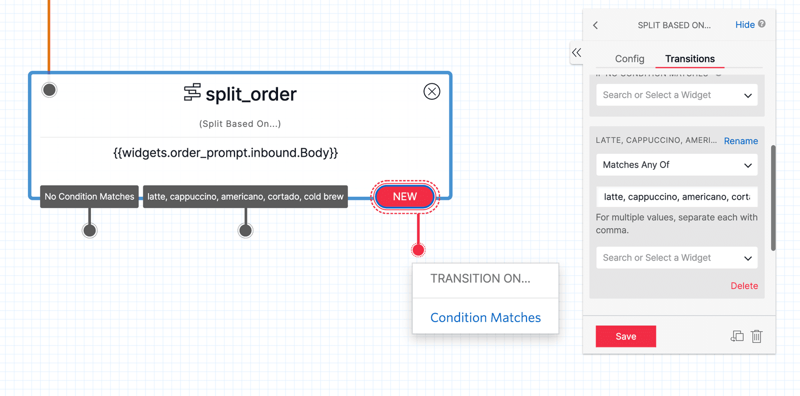 Twilio Studio Tutorial Baristabot Split Order Widget with Transition configuration shown.