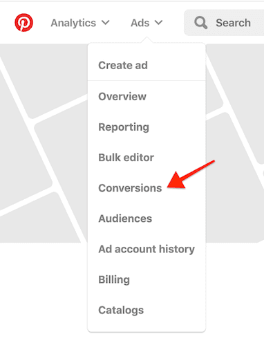 Pinterest menu with Conversions option highlighted.