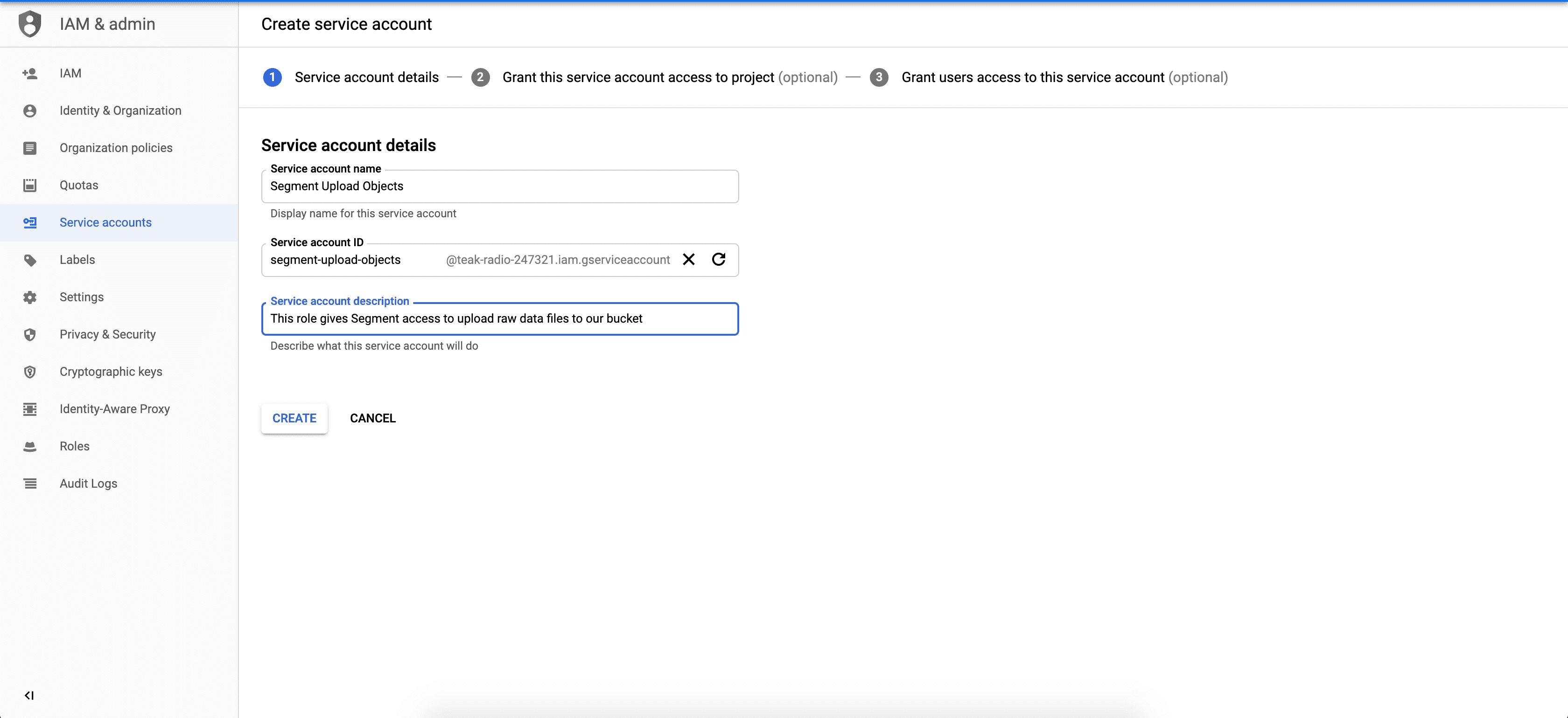 Google Cloud service account setup with roles and key creation options.