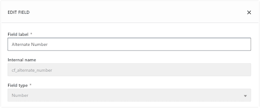 Freshsales Edit field for alternate number with label, group, and field type options.