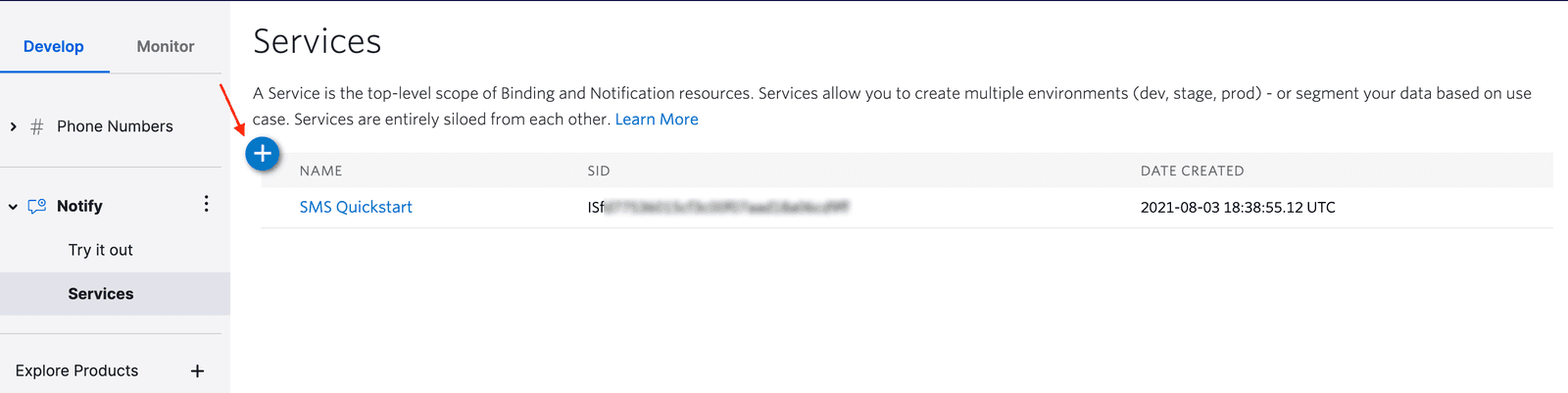 Notify SMS Quickstart - set up Notify Service Instance.