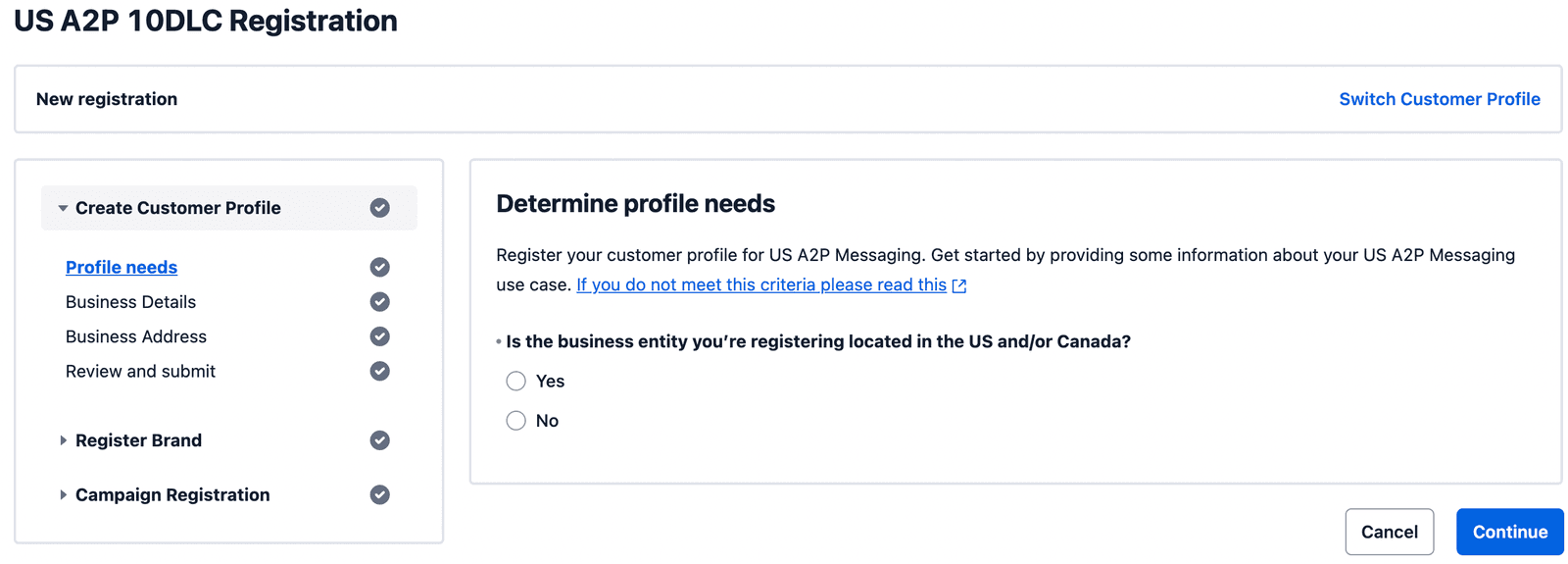 US A2P 10DLC registration page with profile needs and location question.