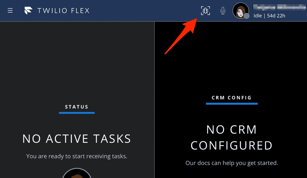 Twilio Flex UI showing no active tasks and no CRM configured with user idle status.