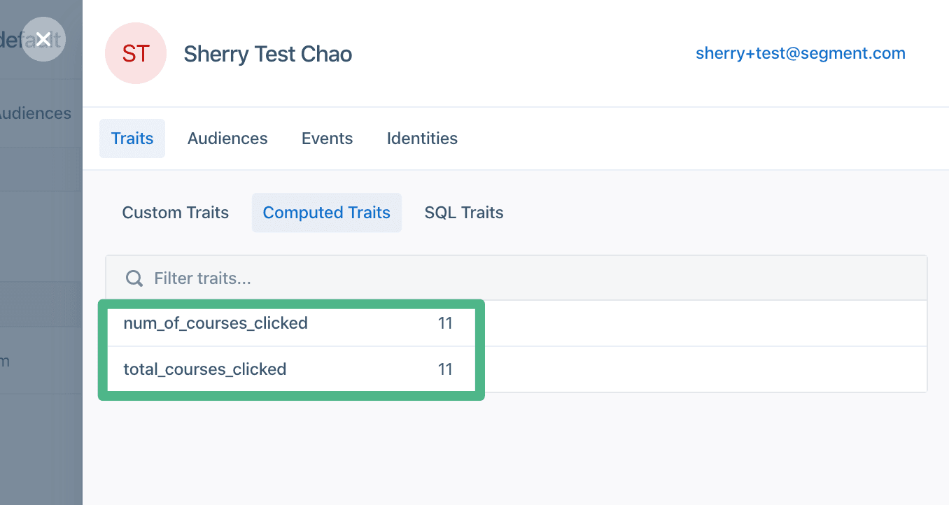 Profile showing computed traits with courses clicked count as 11.