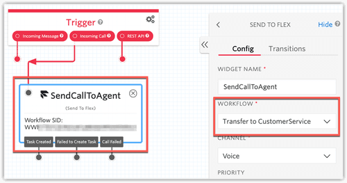 Studio flow showing SendCallToAgent widget transferring to CustomerService workflow.