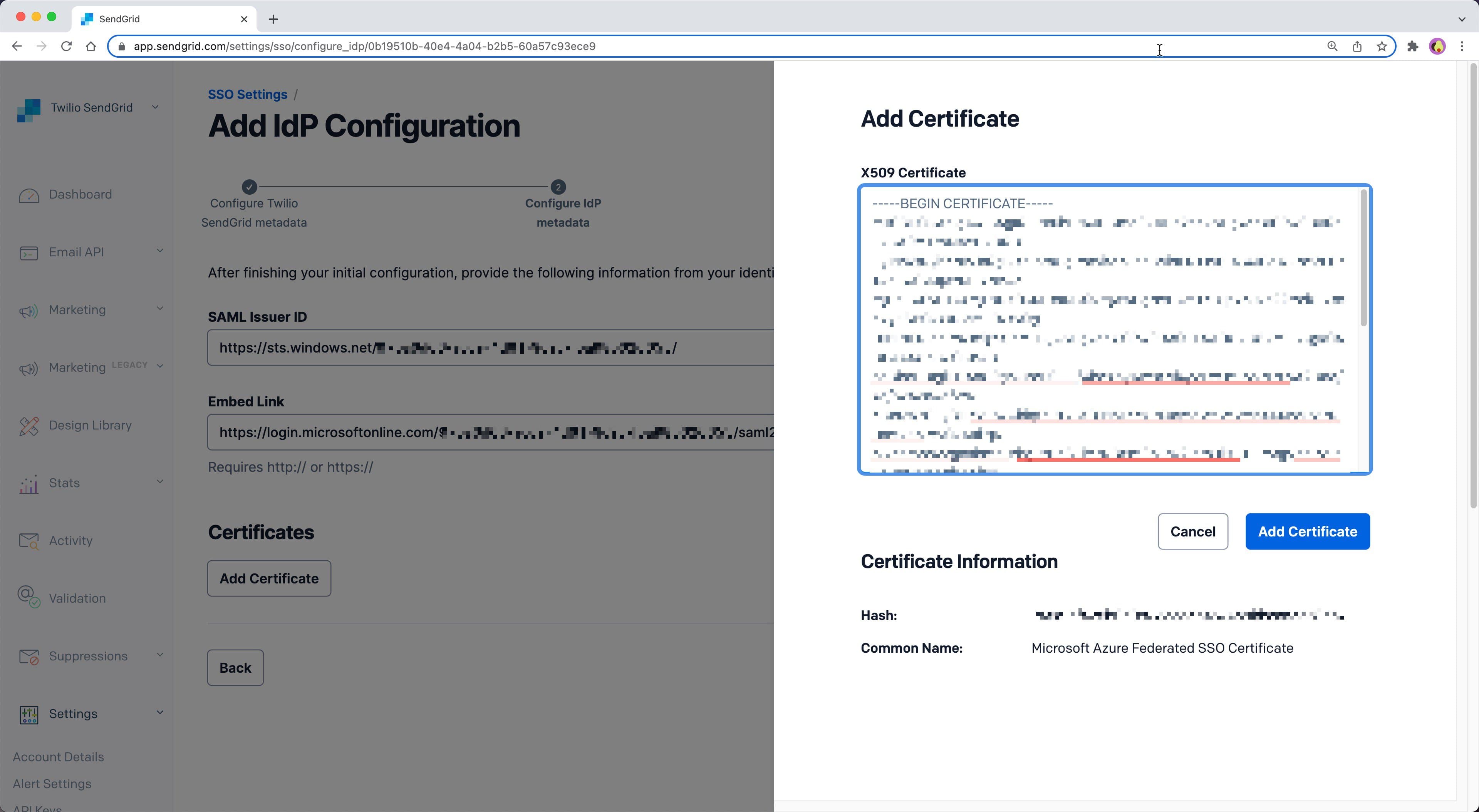 Add an X509 certificate to the Twilio SendGrid App.