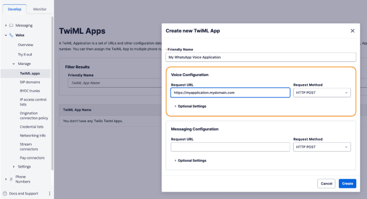Create TwiML App with WhatsApp voice configuration and HTTP POST request method.