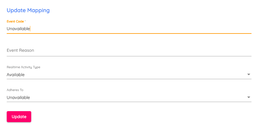Form for updating mapping with event code 'Unavailable' and activity type options.