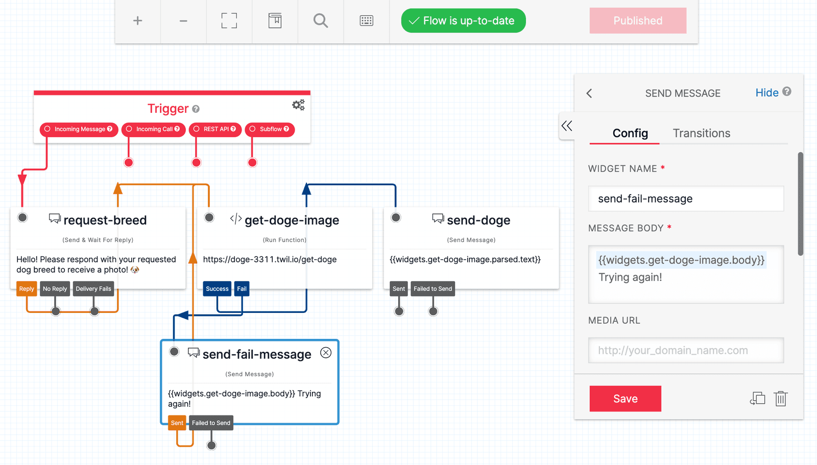 Create a retry loop by connecting the Run Function Fail transition to a Send Message widget.