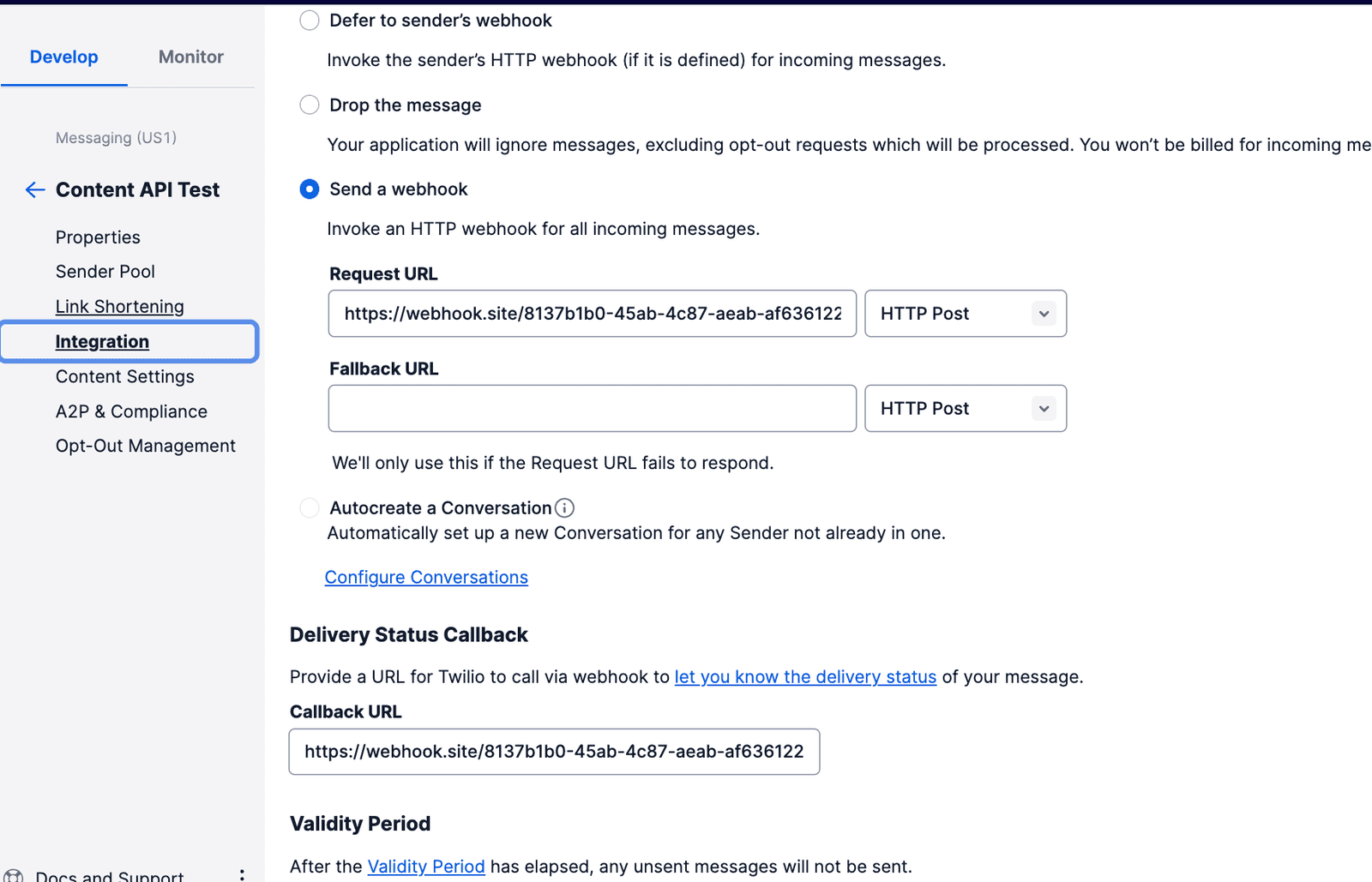 Webhook integration settings with request and fallback URLs for HTTP Post.