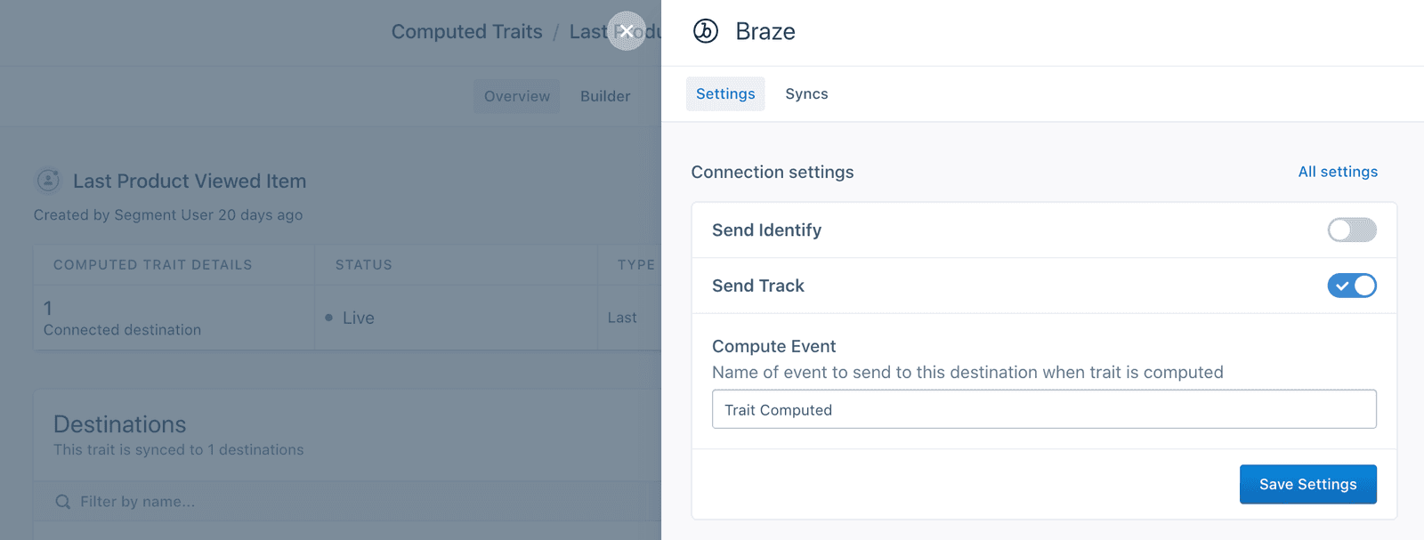 Braze settings in Segment with Send Track enabled, Enter Event as 'Audience Entered', Exit Event as 'Audience Exited'.