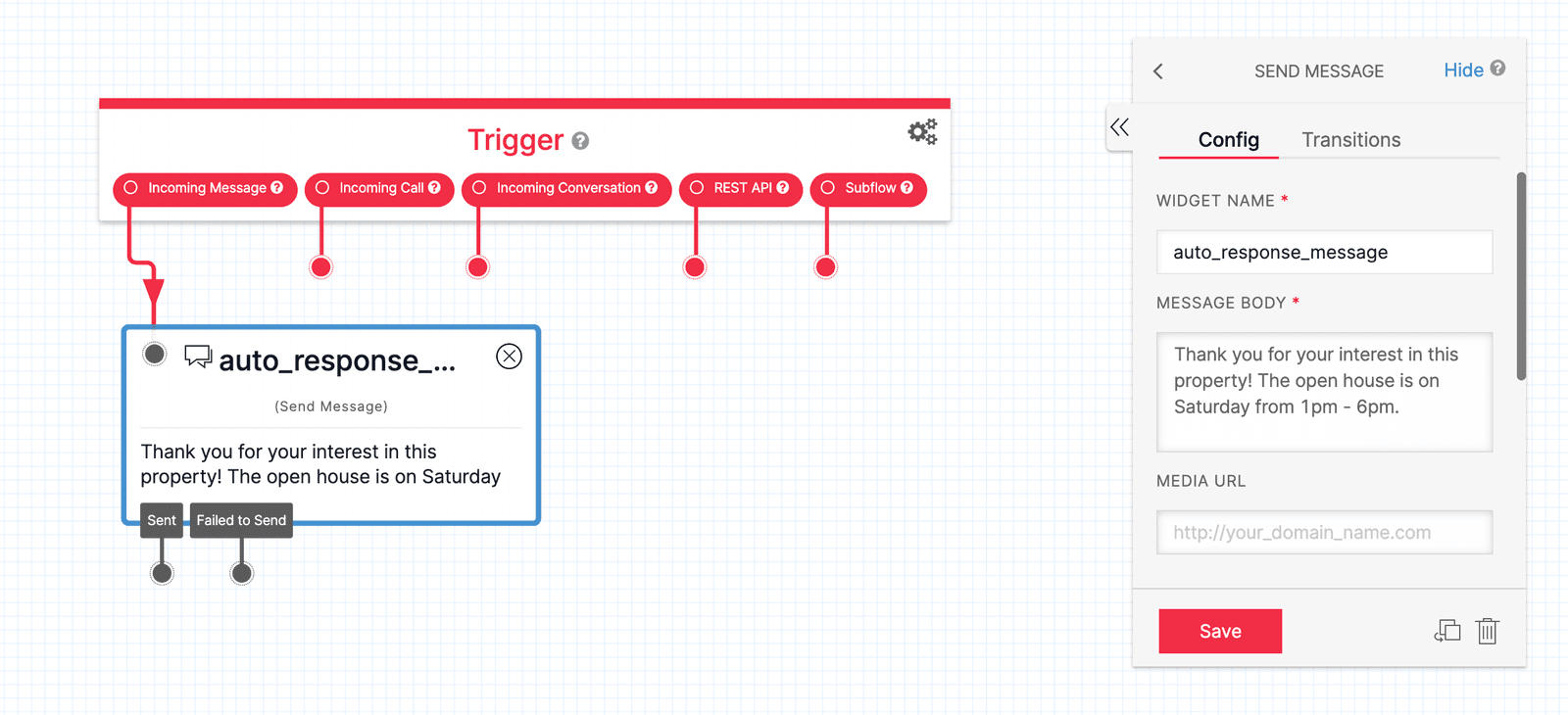 Twilio Studio Tutorial Auto-Response Send Message Widget on Canvas shown with Configuration panel to the right.