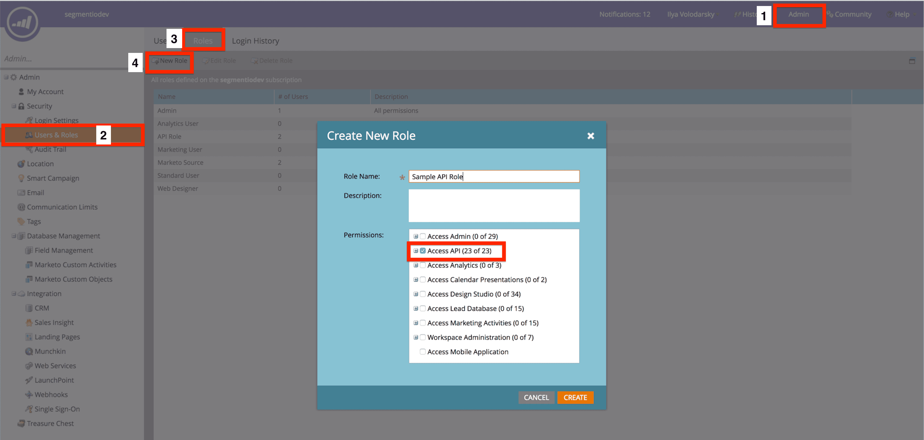 Create New Role popup in Marketo with 'Sample API Role' and 'Access API' permission selected.