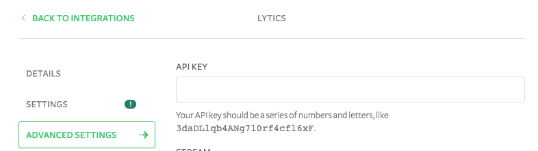 Lytics API key entry field with example key format.