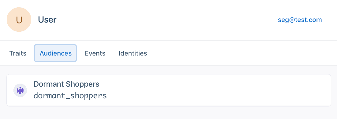 A screenshot of a user's profile in Engage, with the Audiences tab selected and the Dormant Shoppers trait present.