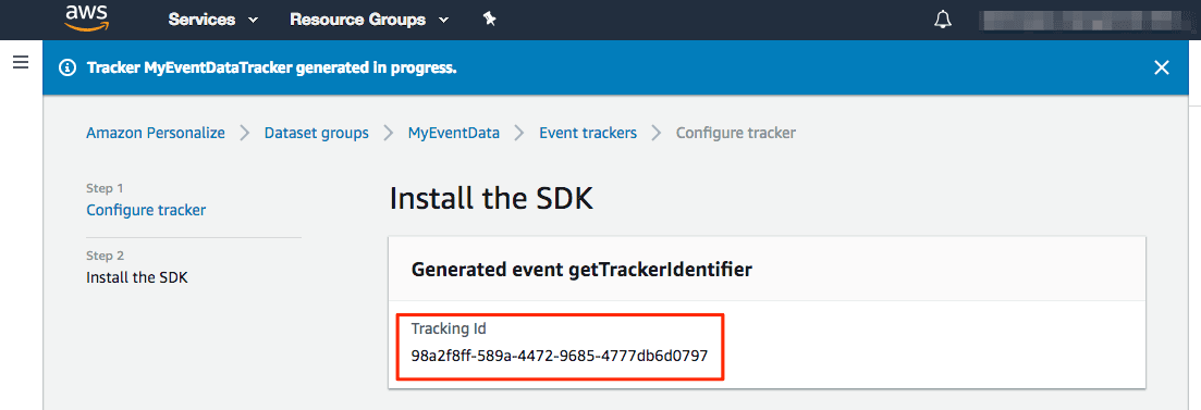 AWS SDK installation page showing generated Tracking Id: 98a2f8ff-589a-4472-9685-4777db6d0797.