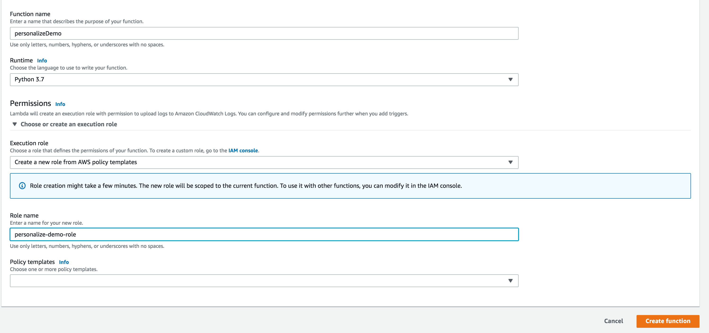 A screenshot of the AWS Lambda function settings page.
