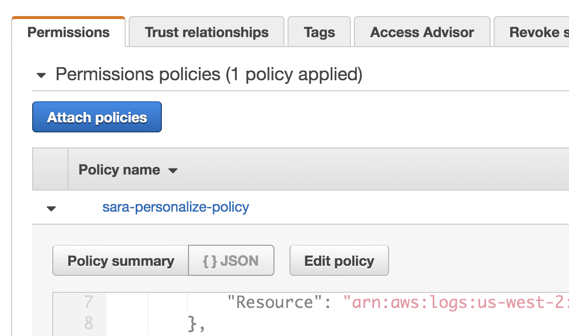 AWS Lambda permissions policy with sara-personalize-policy applied.