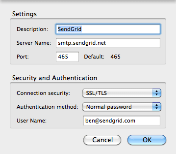 SendGrid SMTP settings with server name, port, and authentication details.