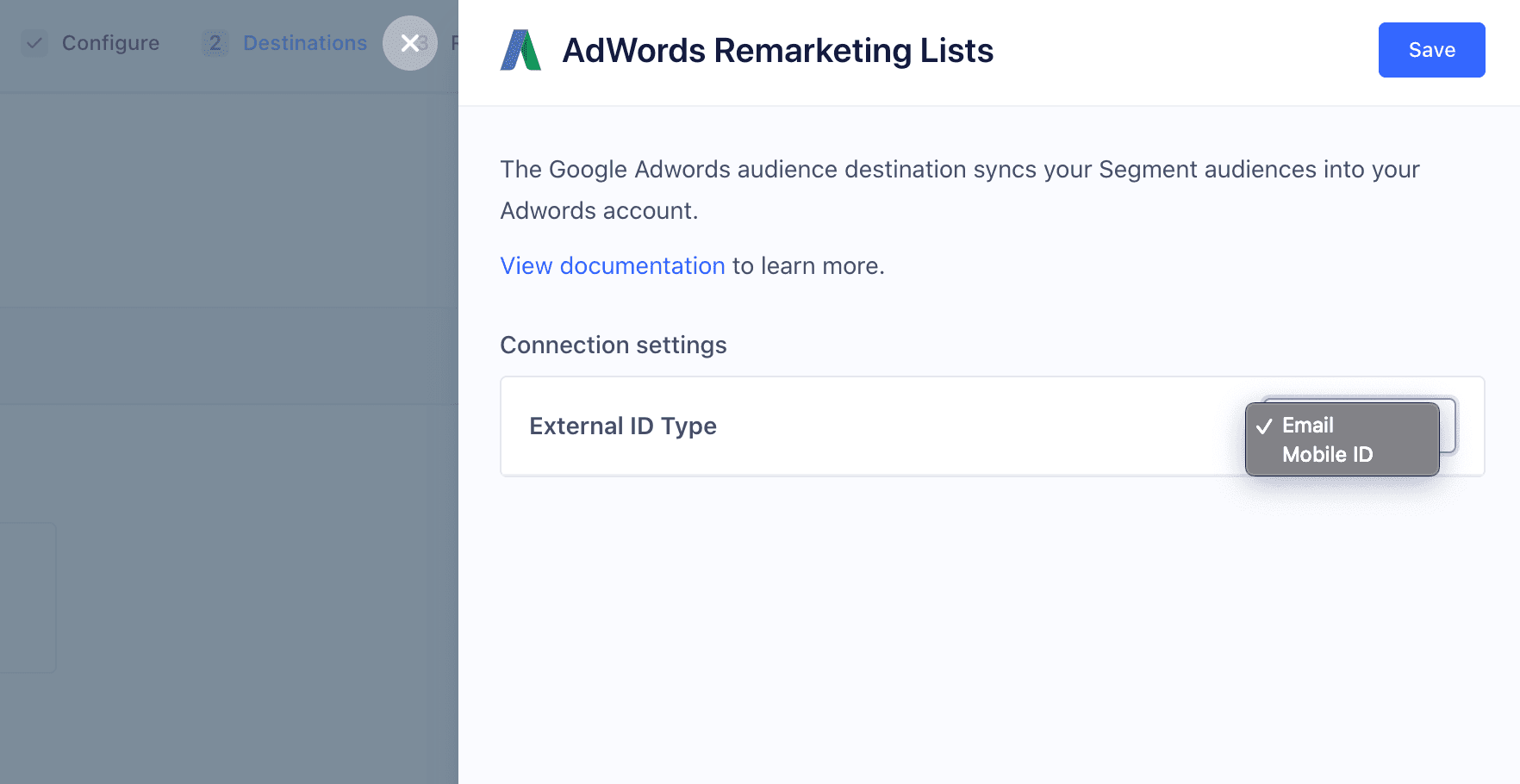 Google AdWords Remarketing Lists destination with connection settings and user email sherry@segment.com.