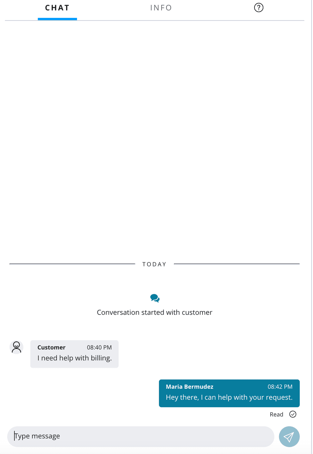Chat interface showing a conversation between customer and Maria Bermudez about billing assistance.