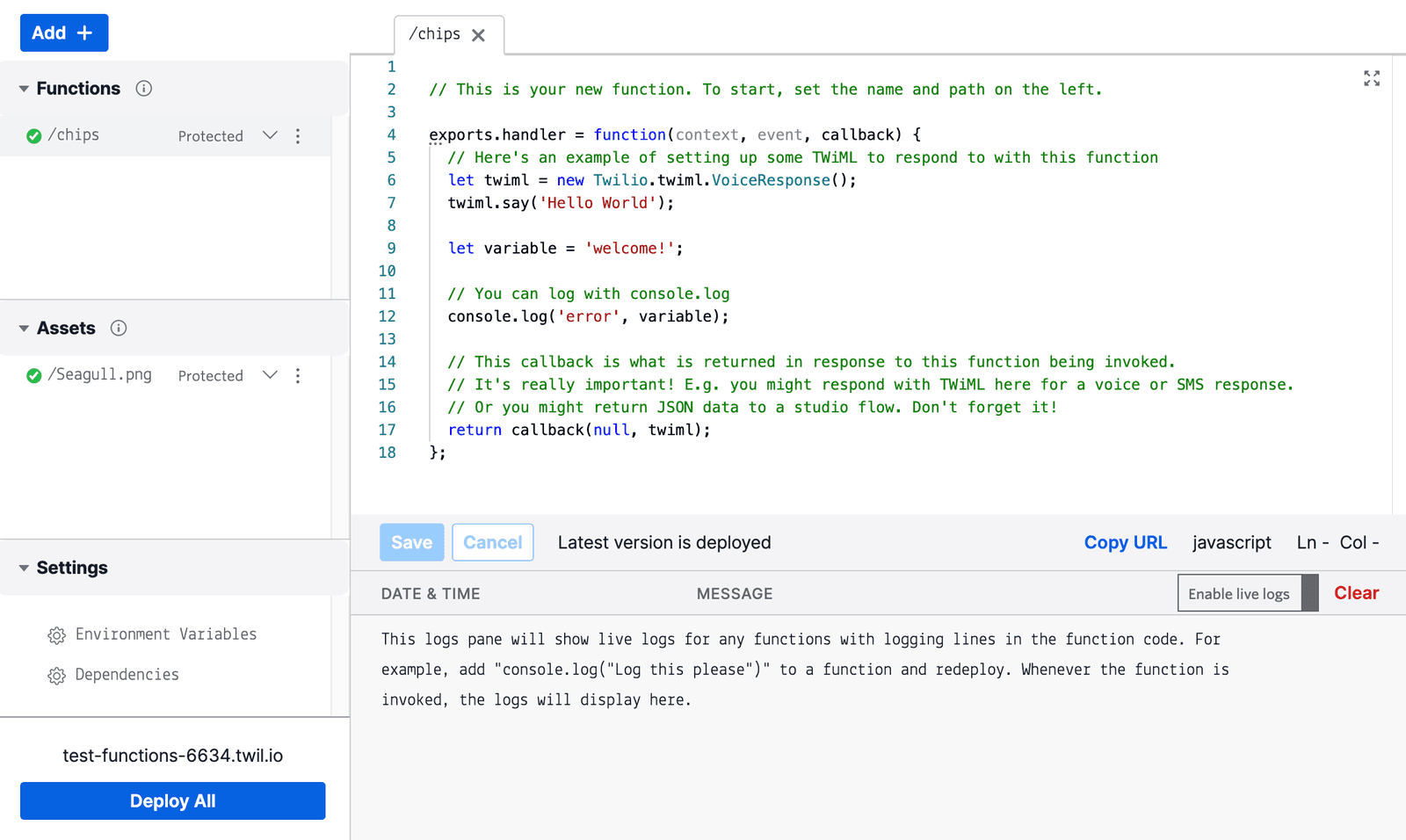 Twilio Functions Editor showing a sample function with TwiML VoiceResponse and console logging.