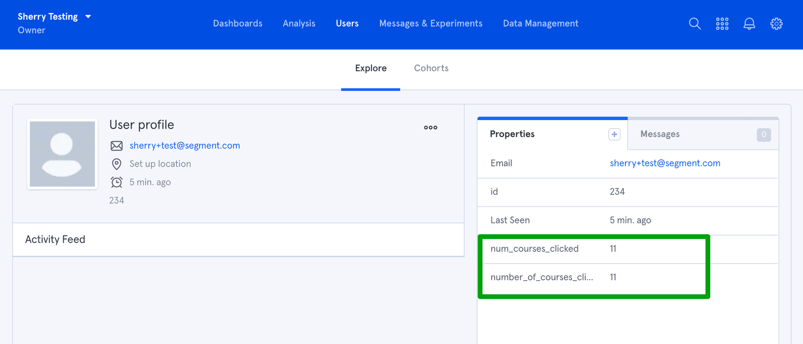 Mixpanel user profile showing properties and activity feed with email and order details.