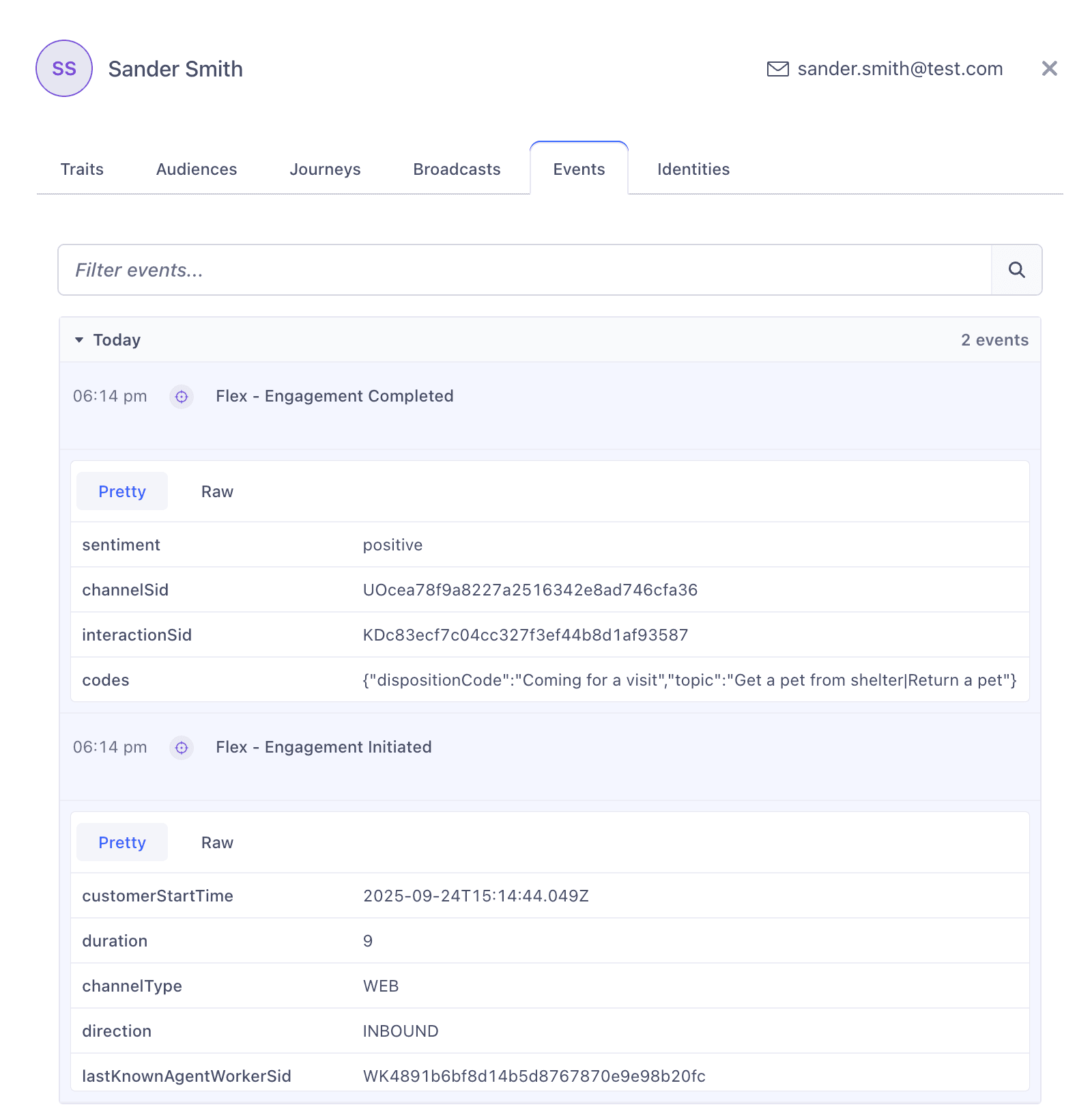 The Profile explorer events tab which displays enrichment events from customer interactions.