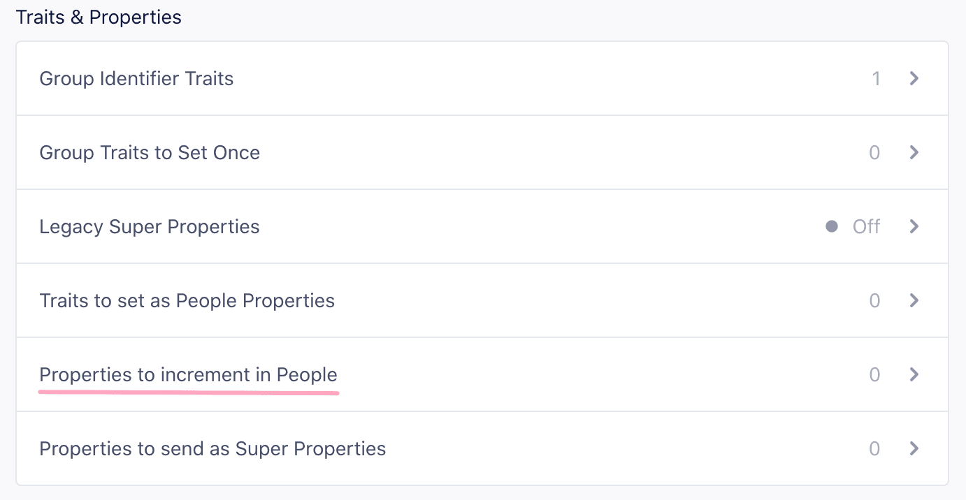 The Mixpanel Traits and Properties list with Properties to increment in People option highlighted.