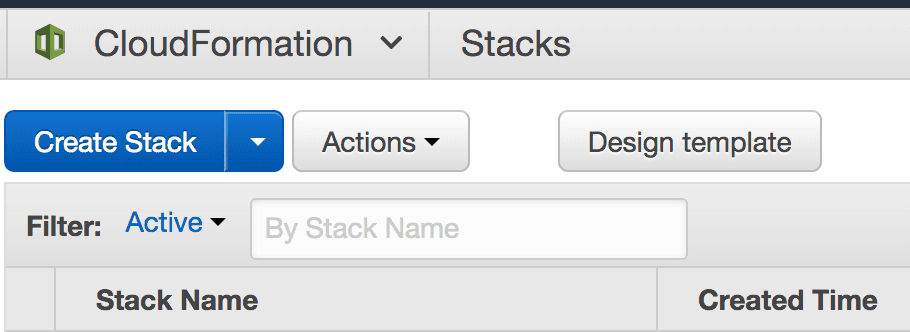 AWS CloudFormation Stacks page with Create Stack button highlighted.