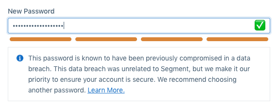 New Password field with alert about compromised password and recommendation to choose another.