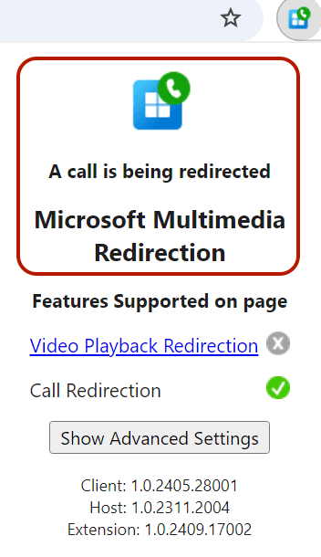 Microsoft Multimedia Redirection extension not loaded with video and call redirection options.