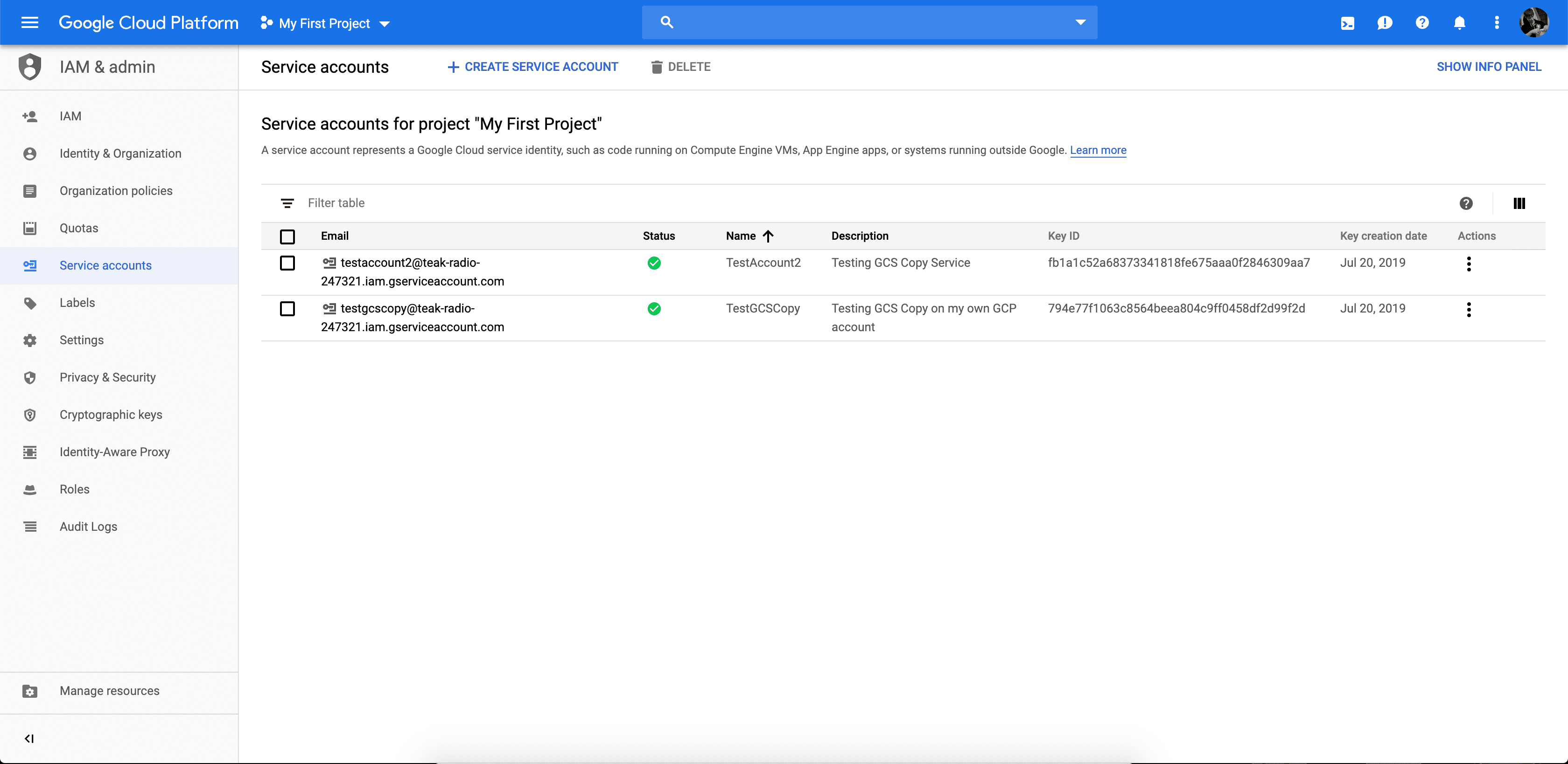 Google Cloud service accounts list for project 'My First Project' showing emails, names, and descriptions.