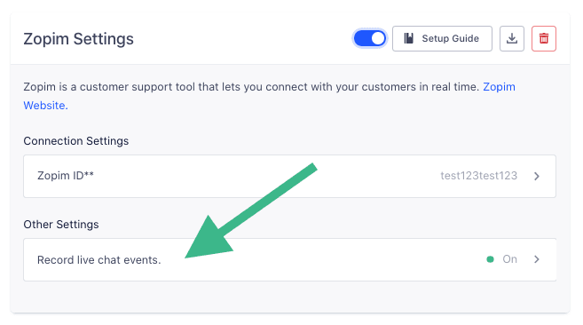 Zopim settings with 'Record live chat events' option enabled.