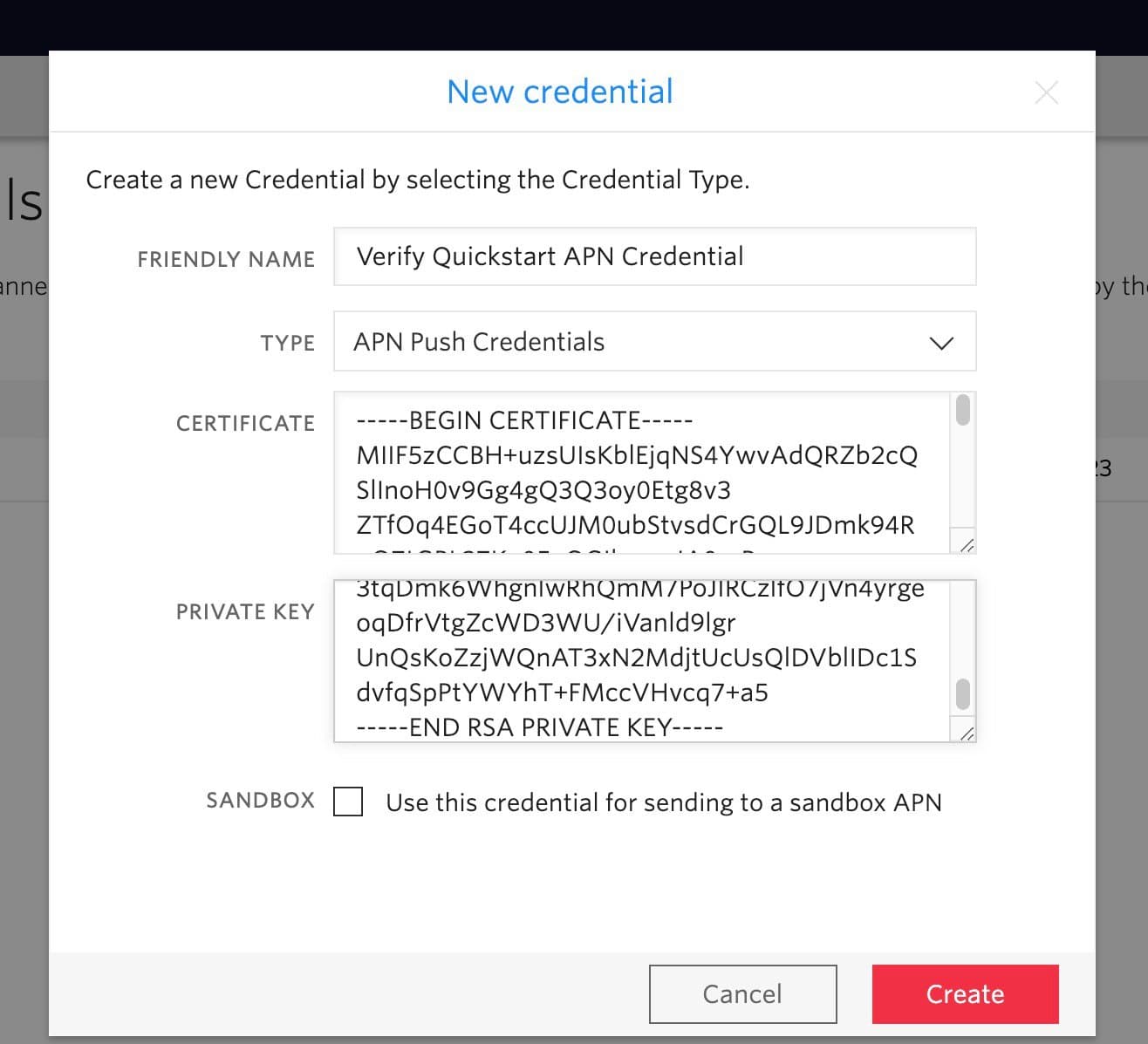 Form to create a new credential with fields for friendly name, type, certificate, and private key.